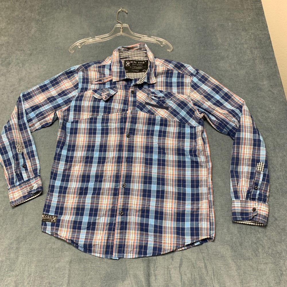 Marc Ecko Cut & Sew Shirt Mens Large Multicolor Plaid Chest Pockets Button Up
